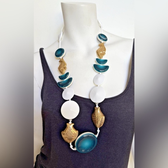 ANGELA CAPUTI Oceano Discs Beaded Fish Resin Long Necklace, Gold/Blue/White - Picture 1 of 6